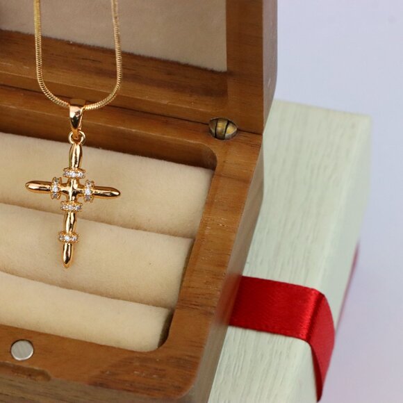 "Rose Gold Cross Pendant with CZ Ring Accents in Modern Sleek Style, XPPT1819 - Picture 6 of 13